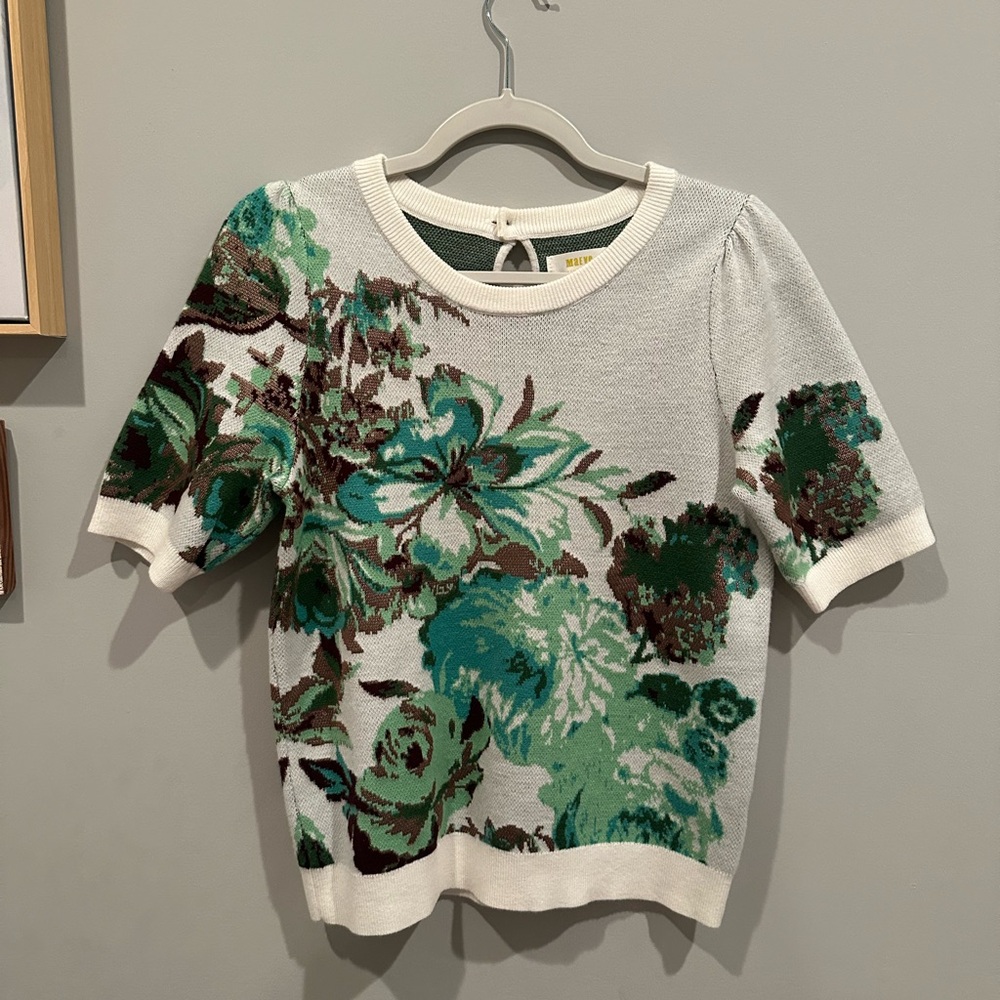 Anthropology Maeve Green and Cream Knit Top